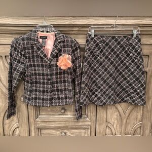 EUC Juniors B. SMART Vintage Black/Pink Plaid Tweed Jacket/Skirt Suit (7/8)
